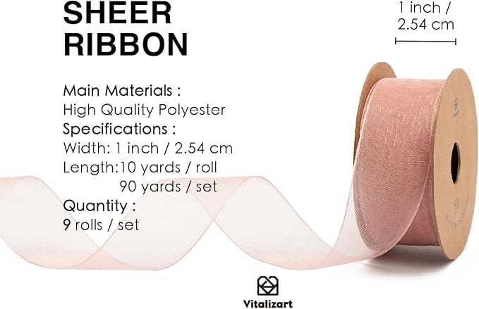 Vitalizart 1" x 90Yd Organza Ribbon Mixed Color Sheer Ribbons Set 10 Yd x 9 - Image 2