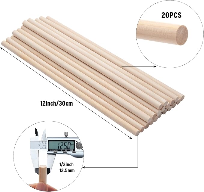 20 PCS Wooden Dowel Rods Wood Macrame Dowels 1/2x 12 inch, Round Wooden Sticks - Image 2