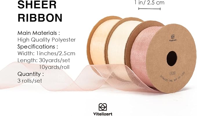 Vitalizart Cream & Rose Gold Organza Sheer Ribbon 1 inch x 30Yd Pink Ribbon - Image 2