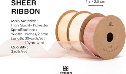 Vitalizart Cream & Rose Gold Organza Sheer Ribbon 1 inch x 30Yd Pink Ribbon - Image 2