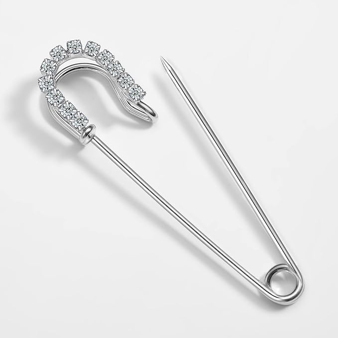 Housweety 10 Silver Tone Rhinestone Safety Pins Brooches 6.5x1.8cm - Image 2