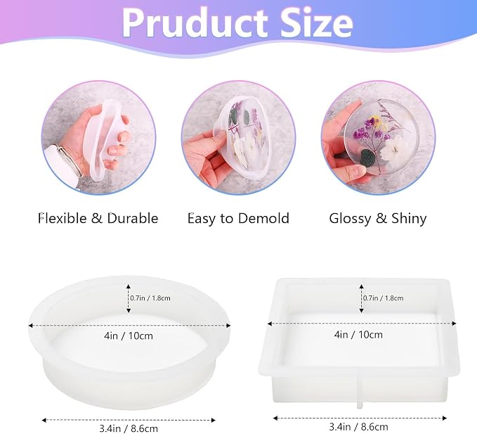 4 Resin Coaster Molds, Square Round Coaster Resin Molds, Small Coaster Silicone - Image 4