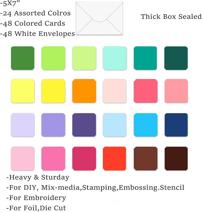 48 Pack Blank Folded Cards and Envelopes Colored Cards White Envelopes 5 x 7 - Image 2