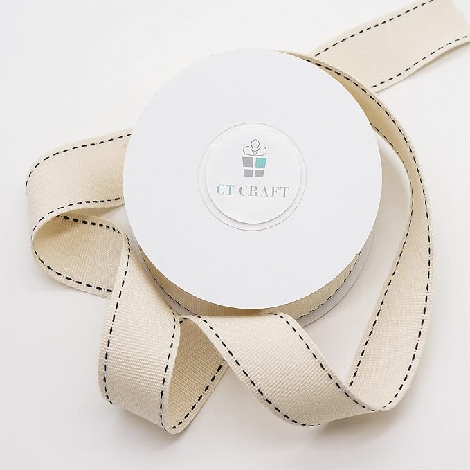 CT CRAFT LLC Ivory Cotton Black Stitched Ribbon 7/8" x 10 Yards - Image 3