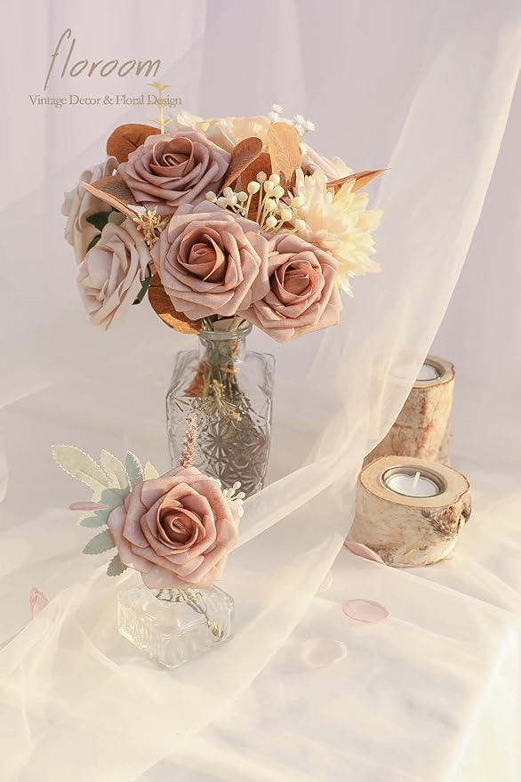 Floroom Artificial Flowers 25pcs Real Looking Warm Taupe & Nude Foam Fake Roses - Image 2