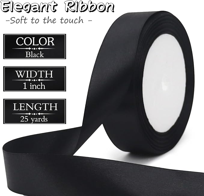 Black Solid Satin Ribbon 1 Inch 25 Yards Solid Polyester Fabric Ribbon - Image 2
