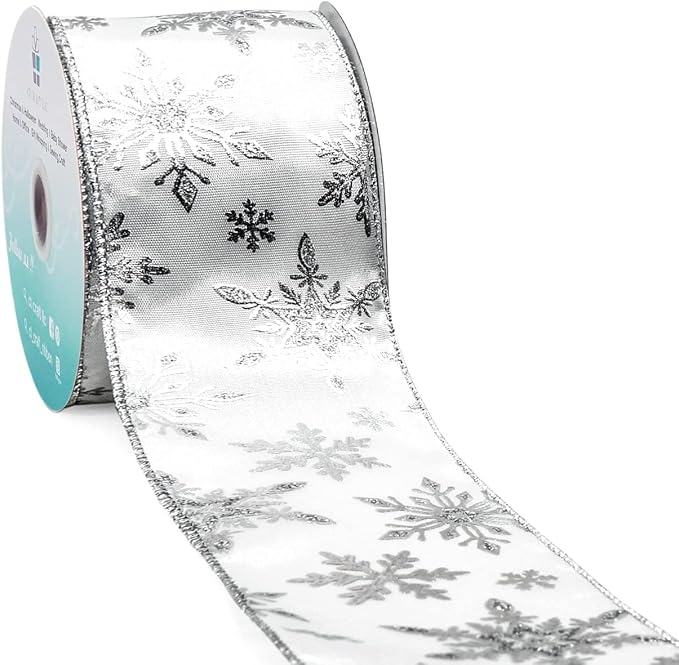 CT CRAFT LLC Satin with Silver Snowflake Wired Ribbon 2.5 Inch x 10 Yards by CTCRAFTLLC