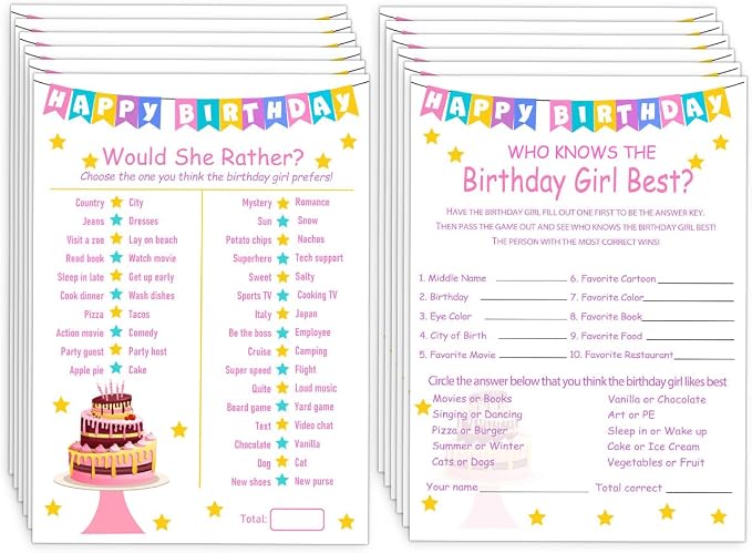 Birthday Party Games Set for Girls- 20 Birthday Double Sided Games Cards Set- by ALodr