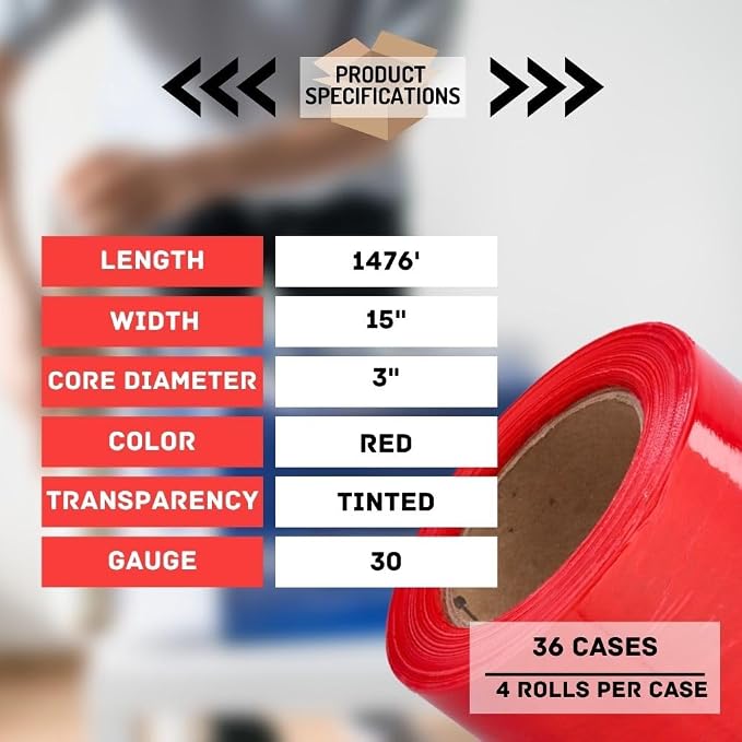 PSBM Red Stretch Wrap, 15 Inch x 1476 Feet, 144 Pack, Tinted Pre-Stretched - Image 3