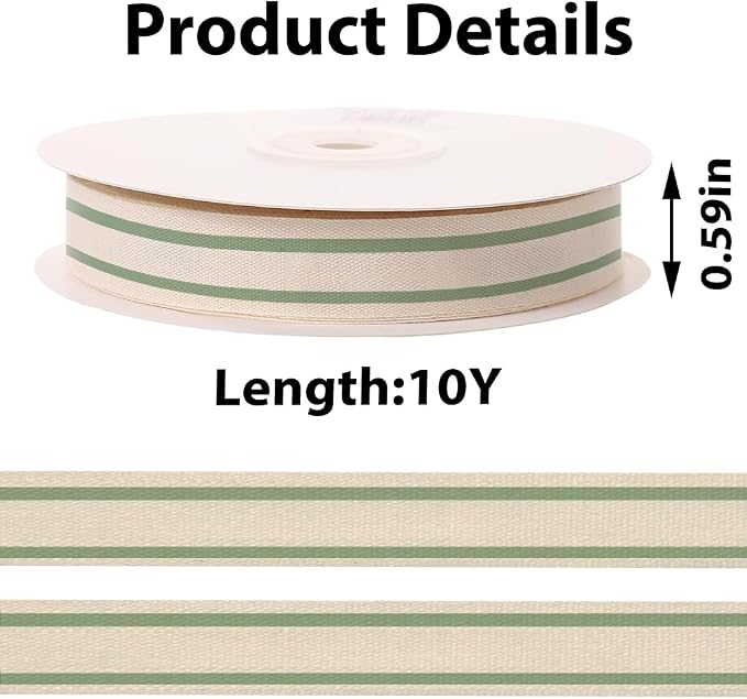 10 Yards × 3/5 Inch Green Natural Cotton Ribbon, Double Sided Webbing Straps - Image 2