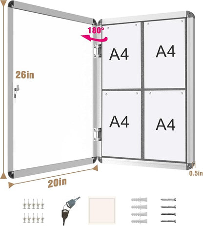 26"x20" Enclosed Bulletin Board, Lockable Weather-Resistant Aluminum Cork - Image 5