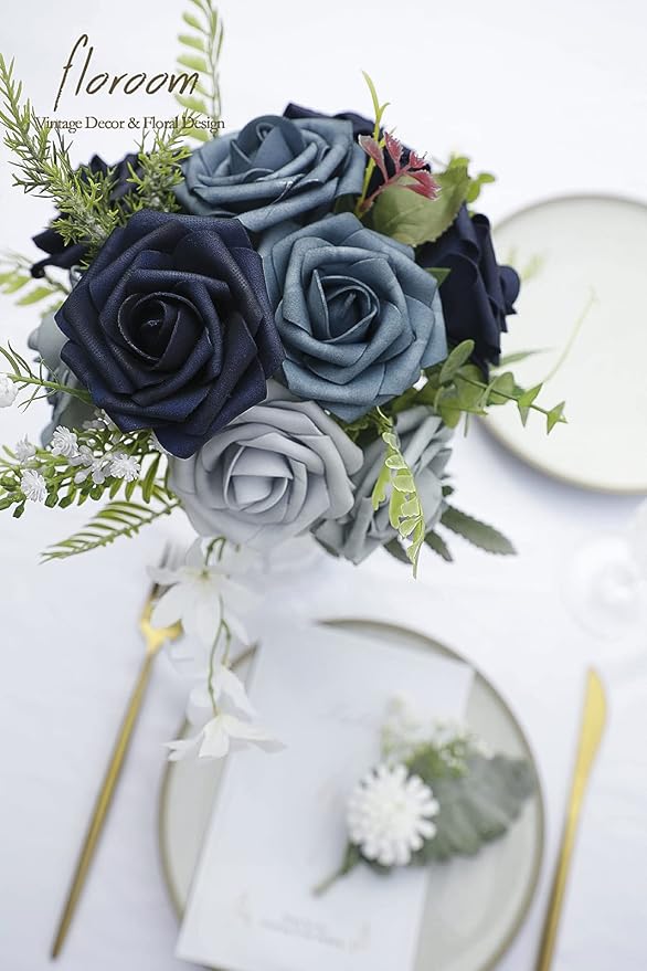 Floroom Artificial Flowers 25pcs Real Looking Blue Ombre Colors Foam Fake Roses - Image 2