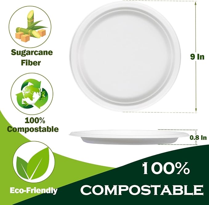 9 inch Plates Disposable Heavy Duty 150 Pack Leak Proof 100% Compostable - Image 2
