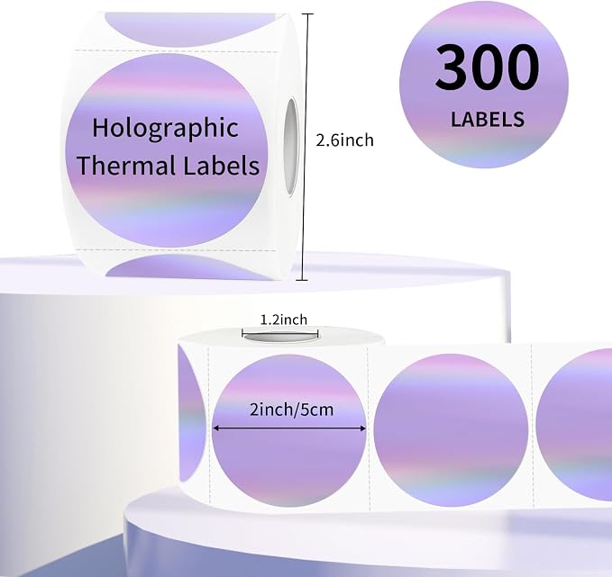 2" Circle Holographic Thermal Label Stickers, Round Printable Rainbow Glitter - Image 2