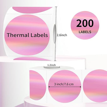 3" Circle Holographic Thermal Label Stickers Pink, Round Printable Rainbow - Image 2