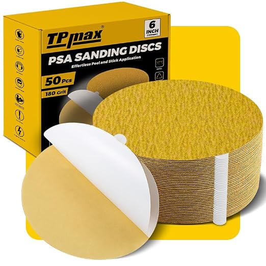 6-Inch 180-Grit Gold PSA Sanding Discs, 50 Pack – Pro-Grade Self-Adhesive by TPmax