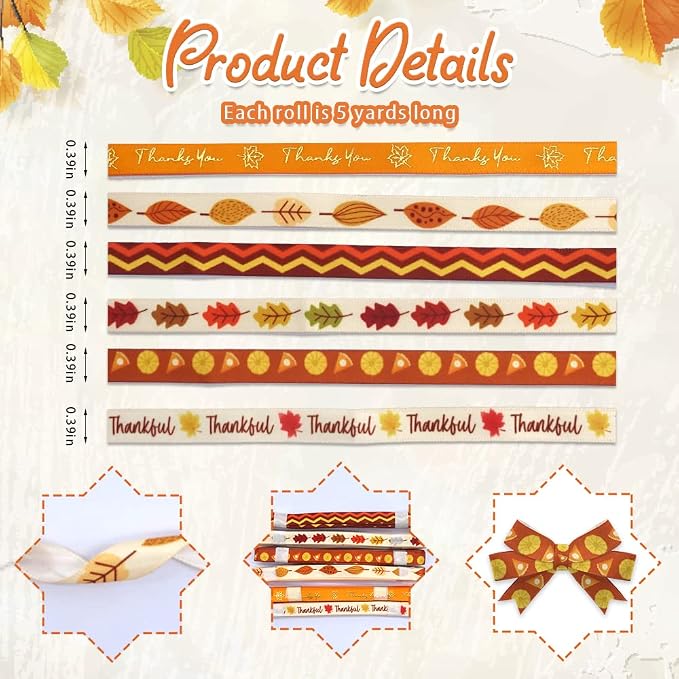 6 PCS Thanksgiving Fall Ribbons - Image 2
