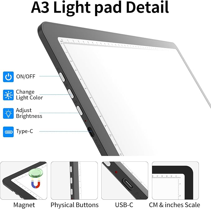 TOHETO A3 Light Board for Diamond Painting, Super Bright Magnetic Light Pad - Image 5