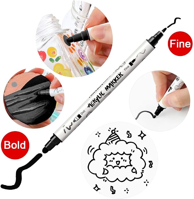 TRANSON 6 Black and 2 White Paint Markers Bold and Fine Dual-tip Acrylic Paint - Image 3