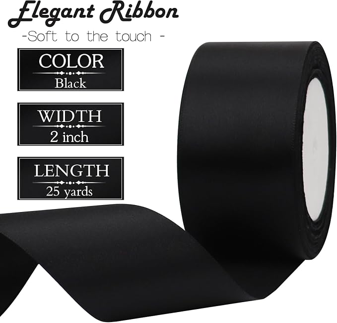 Black Solid Satin Ribbon 2 Inch 25 Yards Solid Polyester Fabric Ribbon - Image 3