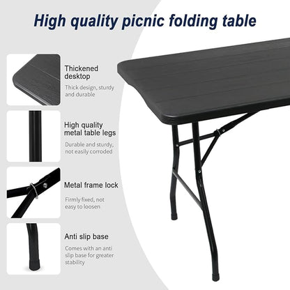 70.8" W X 29" D X 29" H - 6 ft Folding Table Black Wood Grain Portable Heavy - Image 3