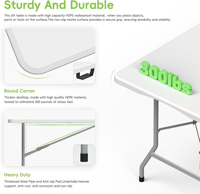 Folding Table 6ft, Foldable Portable Heavy Duty Plastic Fold-in-Half Utility - Image 4