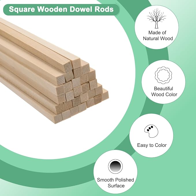 10-Pack Wood Square Dowel Rods, 5/16 x 12 Inch Unfinished Wooden Square Dowel - Image 2