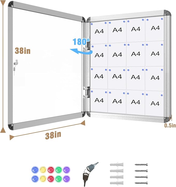 38"x38" Enclosed Bulletin Board, Lockable Weather-Resistant Aluminum Noticeboard - Image 5