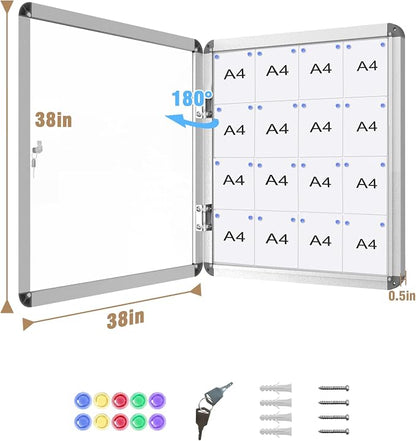 38"x38" Enclosed Bulletin Board, Lockable Weather-Resistant Aluminum Noticeboard - Image 5