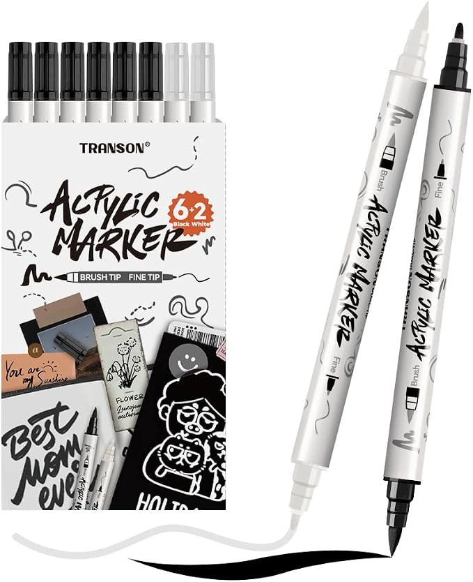 TRANSON 6 Black and 2 White Paint Markers Brush and Fine Dual-tip Acrylic Paint by Transon