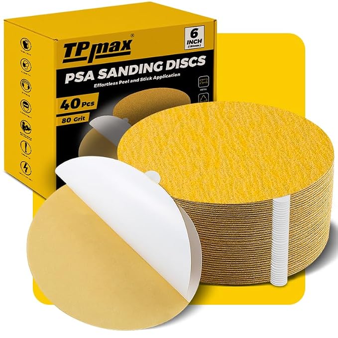 6-Inch 80-Grit Gold PSA Sanding Discs, 40 Pack – Pro-Grade Self-Adhesive by TPmax