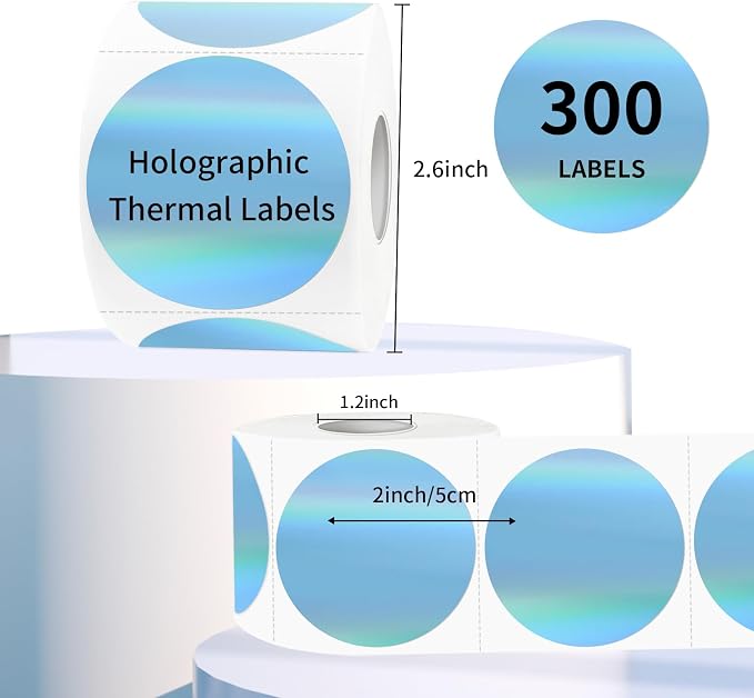 2" Circle Holographic Thermal Label Stickers Blue, Round Printable Rainbow - Image 2