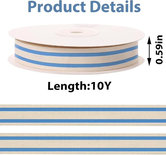 10 Yards × 3/5 Inch Blue Natural Cotton Ribbon, Double Sided Webbing Straps - Image 2