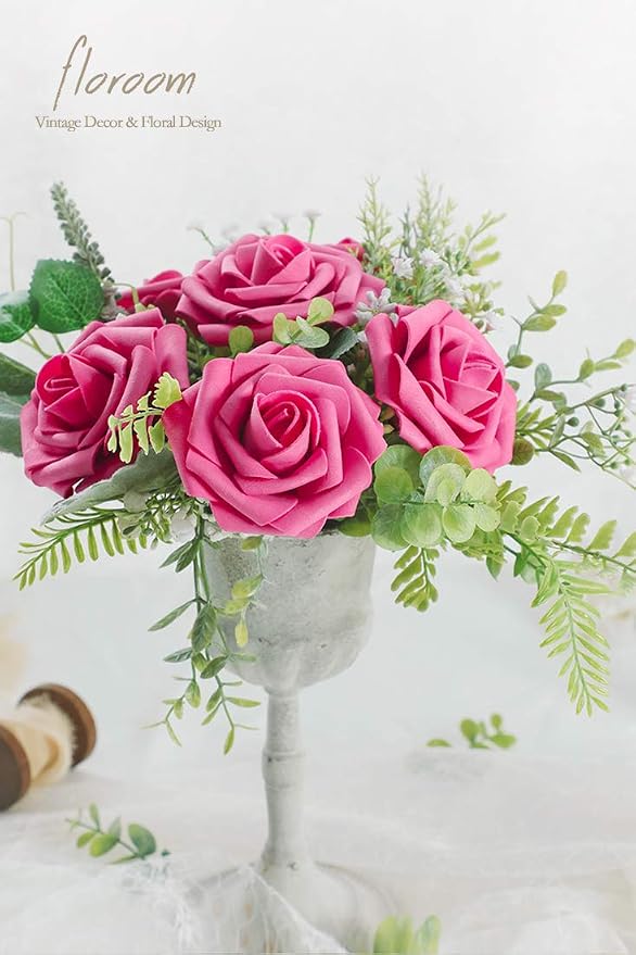 Floroom Artificial Flowers 50pcs Real Looking Hot Pink Foam Fake Roses - Image 5