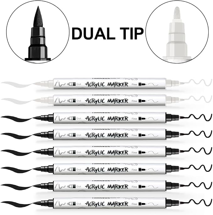 TRANSON 6 Black and 2 White Paint Markers Brush and Fine Dual-tip Acrylic Paint - Image 4