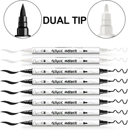 TRANSON 6 Black and 2 White Paint Markers Brush and Fine Dual-tip Acrylic Paint - Image 4