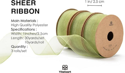 Vitalizart Sage Green Ribbon Organza Sheer Ribbon 1 inch x 30 Yd Handmade - Image 2