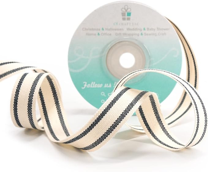 CT CRAFT LLC Ivory Cotton Black Stripes Ribbon 5/8" x 10 Yards - Image 3