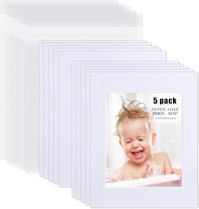 Egofine Pack of 5 White Pre-Cut Mat Board 11x14 Picture Mat by Egofine