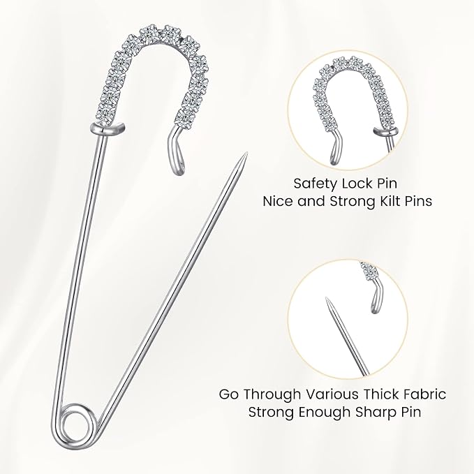 Housweety 10 Silver Tone Rhinestone Safety Pins Brooches 6.5x1.8cm - Image 3