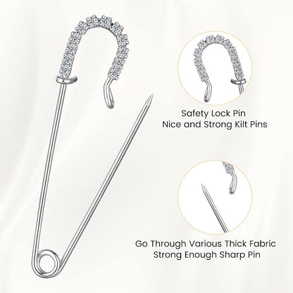 Housweety 10 Silver Tone Rhinestone Safety Pins Brooches 6.5x1.8cm - Image 3