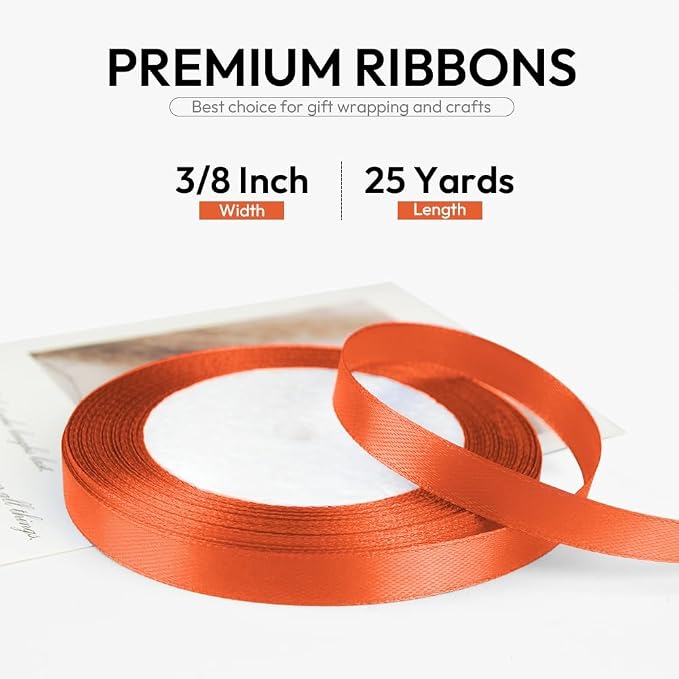 3/8 Inch 25 Yards Satin Ribbon Autumn Orange, Solid Color Fabric Ribbon - Image 2