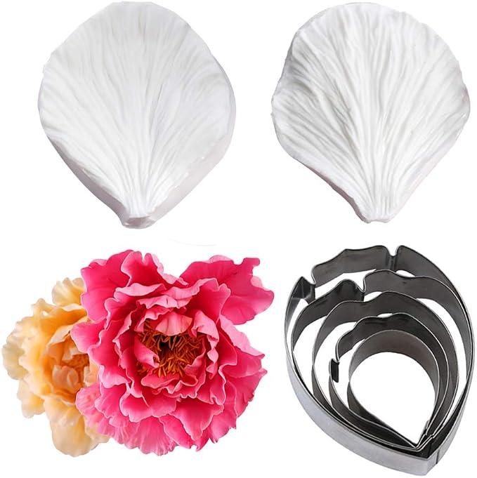 KALAIEN 5pcs Stainless Steel Peony Cutter 2pcs Fondant Silicone Mold Gumpaste - Image 4