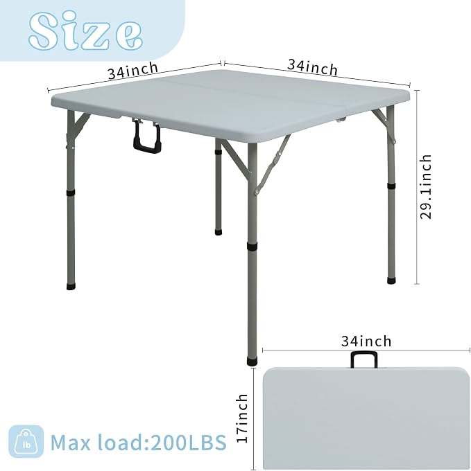 34" Square Folding Table, Party Use, HDPE Plastic Tabletop - Image 2