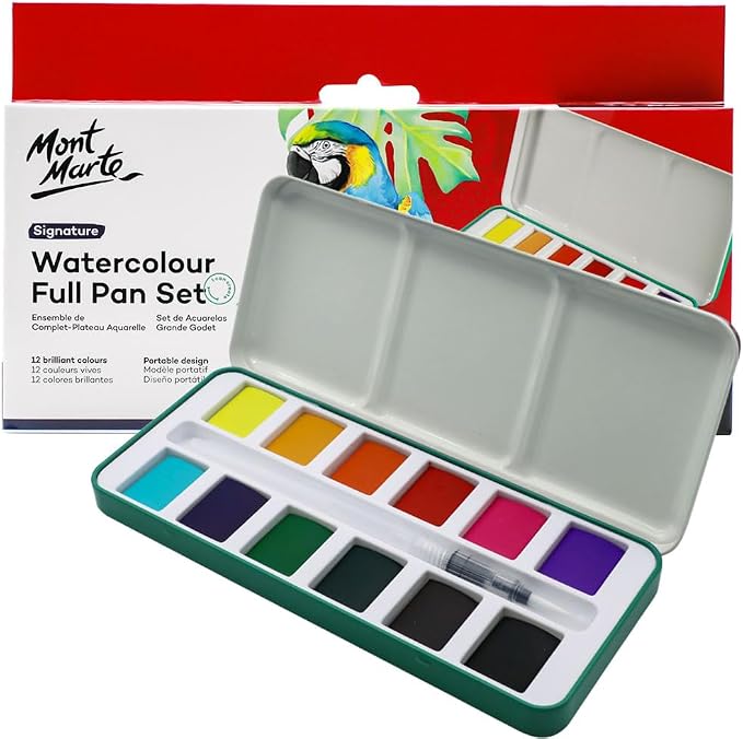 Mont Marte Watercolor Set Full Pan Signature 13pc in Tin, Portable Watercolor by MontMarte