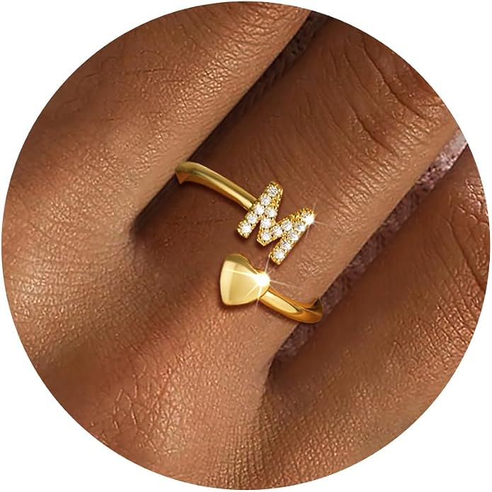 Gold Initial Rings for Women Girls, Dainty 14K Gold Plated Adjustable Initial by FezodoJewelry
