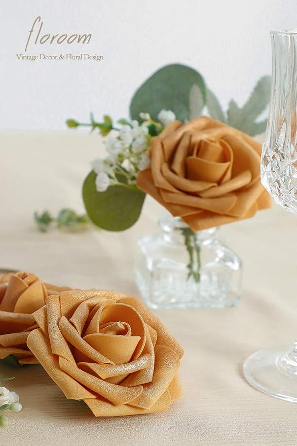 Floroom Artificial Flowers 50pcs Real Looking Gold Foam Fake Roses - Image 4