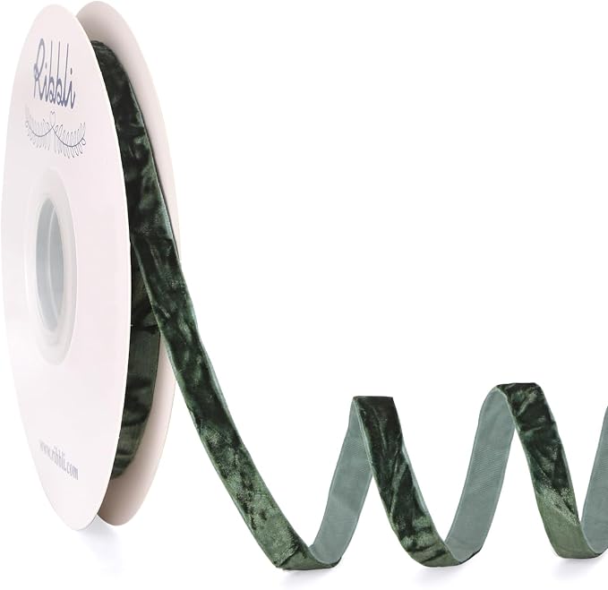 Ribbli Forest Green Velvet Ribbon 3/8 Inches Luxury Crinkled Green Christmas by Ribbli