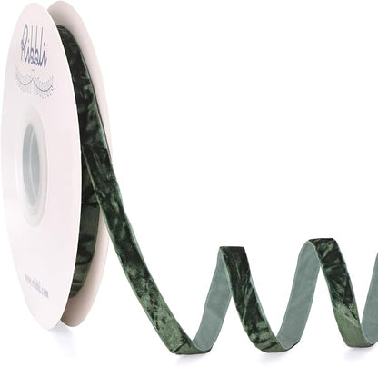 Ribbli Forest Green Velvet Ribbon 3/8 Inches Luxury Crinkled Green Christmas by Ribbli