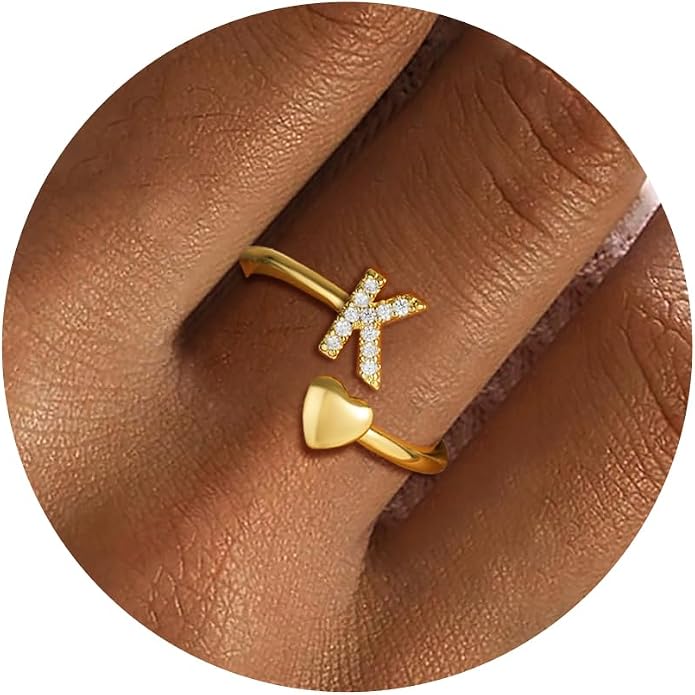 Gold Initial Rings for Women Girls, Dainty 14K Gold Plated Adjustable Initial by FezodoJewelry
